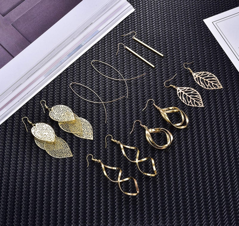 FUNEIA 6 Pairs Drop Dangle Earrings for Women Long Bar Double Twist Wave Curved Threader Cut Out Leaf Lightweight Earrings Set - Image 5